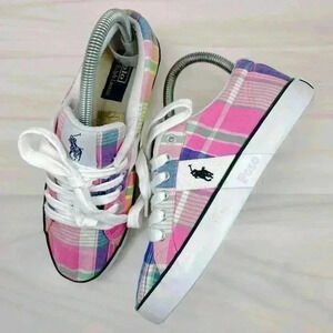 Polo Ralph Lauren Boat Shoes Giles Madras Plaid Canvas Sneakers Lace Up SZ 4